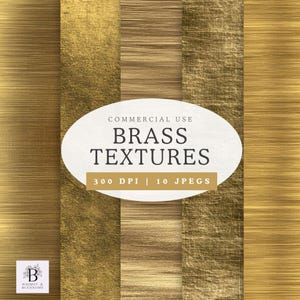 May include: A selection of brass textures in different patterns, including brushed and textured finishes. The image features an oval with the text "BRASS TEXTURES" and "COMMERCIAL USE". The textures are in shades of gold and brown.