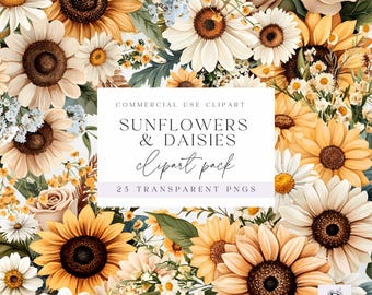 Country Sunflower Watercolor Clipart - Sunflower and Daisy Bouquet Clipart -Blush Pink and Dusty Blue - Wedding Invitation Graphics - PNG