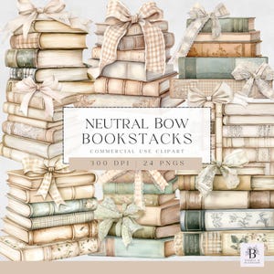 May include: Watercolor illustration of stacked books tied with neutral-colored bows. The books have aged, vintage covers in shades of beige, green, and cream. The image includes text that reads "NEUTRAL BOW BOOKSTACKS COMMERCIAL USE CLIPART".