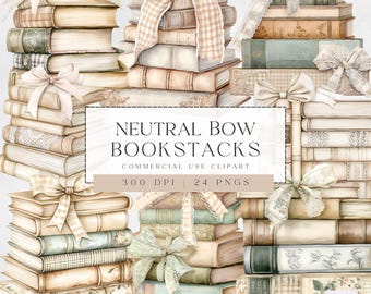 Books And Bows Clipart-  Book Lover Clipart - Neutral Coquette Bow Book Stacks - Transparent PNG for Commercial Use - High Quality - Reading