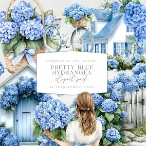 Blue Hydrangea Clipart - Watercolor Floral Set, Wedding Invitation Graphics, Digital Download for Crafts - Commercial Use Graphics - PNGs