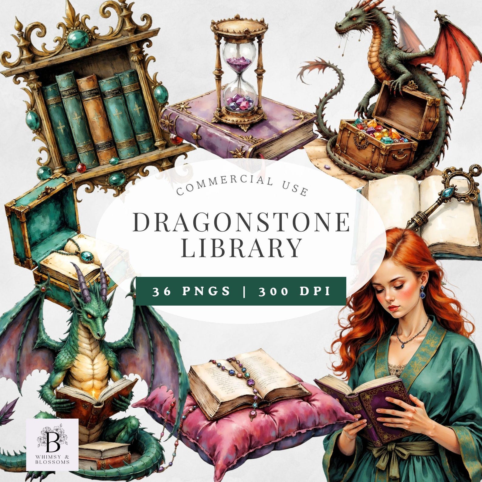 Dragonstone Library Clipart Set, Fantasy Dragon Book PNG, Magical ...