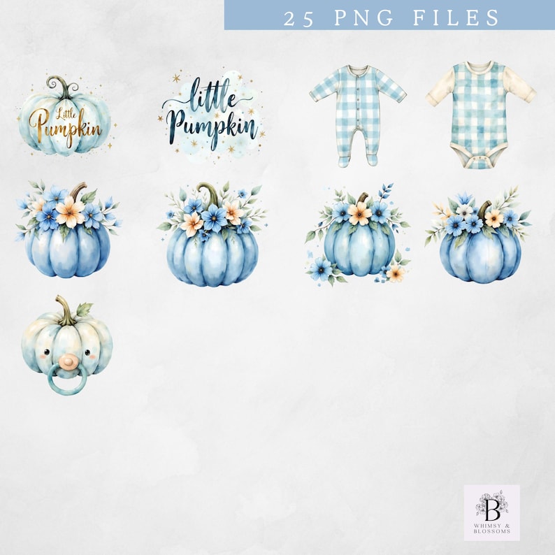 Blue Little Pumpkin Clipart Set | Baby Shower Clipart PNG | Fall Baby ...