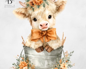 Vaca de las Tierras Altas Bebé de Otoño Png - Vaca Floral de Otoño - Vaca de las Tierras Altas en Bañera - Diseños de Clipart Lindos - Uso Comercial - Descarga Instantánea