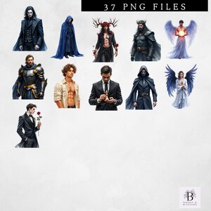 Pu&ograve; includere: Una collezione di 37 file PNG con varie figure maschili in abiti fantasy. Le immagini includono un uomo in abito nero con un pezzo degli scacchi, un uomo con le ali d'angelo e un uomo con un mantello nero. Il testo "37 PNG FILES" &egrave; in alto.