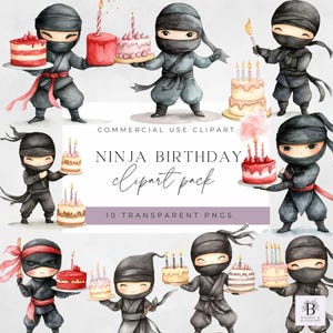 Ninja Birthday Clipart- Watercolor Ninja - High Quality - Instant Download - Ninja Birthday Cake Graphics - Watercolor PNG - Transparent