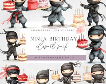 Ninja Birthday Clipart- Watercolor Ninja - High Quality - Instant Download - Ninja Birthday Cake Graphics - Watercolor PNG - Transparent