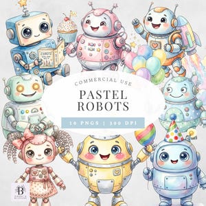 Pastel Robot Clipart, Watercolor Robot PNG, Cute Robot Characters, Kids Robot Clipart, Kawaii Robot PNG, Outer Space Clipart, Commercial