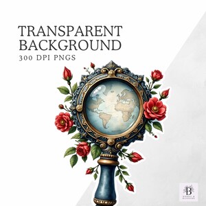 May include: A vintage-style magnifying glass with a world map inside the lens, surrounded by red roses and green leaves. The handle is dark blue and gold. Text on the image reads "TRANSPARENT BACKGROUND 300 DPI PNGS".