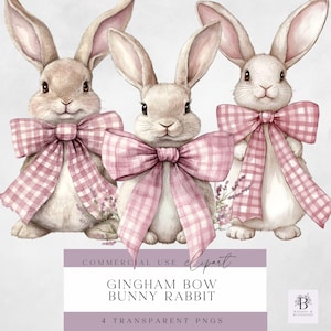 Clipart Häschen Schleife - Häschen tragen rosa Gingham Schleife Clipart - Frühling Sublimation - Digital Download für die Kartenherstellung - Transparent