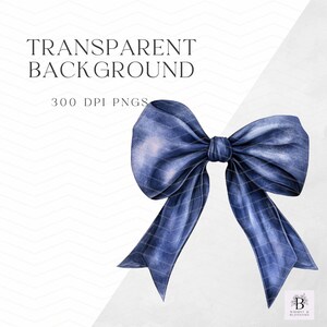 May include: A blue watercolor bow with a satin finish. The bow is tied with a knot in the center and the ends are flowing. The background is white.