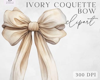 Watercolor Ivory Bow Clipart Png - Cream Coquette Bow Clipart - Off White Bow Designs  - for Commercial Use - Instant Download - PNG 300dpi