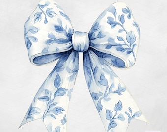 Chinoiserie Blue Bow Png - Toile Coquette Bow Clipart - Blue & White Bow Designs  - for Commercial Use - Instant Download - High Quality PNG