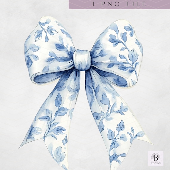 Chinoiserie Blue Bow Png - Toile Coquette Bow Clipart - Blue & White Bow Designs  - for Commercial Use - Instant Download - High Quality PNG