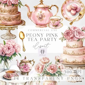 Viktorianische Teeparty Clipart - Rosa und Gold Brauttee Clipart - Rosa Pfingstrose - Transparente PNG für den kommerziellen Gebrauch - Bilder in hoher Qualität