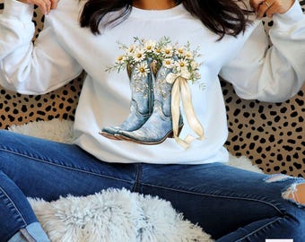 水彩カウガールブーツクリップアート - 青い花柄ブーツグラフィック