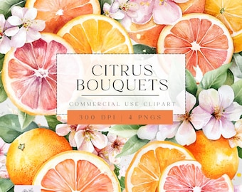 Floral And Citrus Clipart,  Watercolor Floral Designs, Summer PNG Graphics, Digital Download, Botanical Art for Crafts, Commercial Use