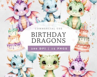 Conjunto de imágenes prediseñadas de dragón de cumpleaños / Imágenes prediseñadas de dragón pastel / Imágenes PNG de fiesta de cumpleaños caprichosa / Lindas ilustraciones de bebé dragón de fantasía