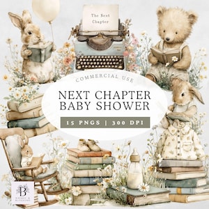 Può includere: Un design stravagante per baby shower con una macchina da scrivere vintage con il testo "The Next Chapter", circondato da illustrazioni di un coniglietto, un orsacchiotto, libri, scarpine e un biberon. Il design include il testo "Next Chapter Baby Shower".