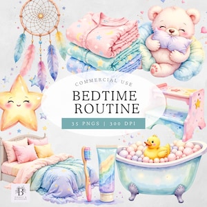 Könnte beinhalten: Aquarell-Illustration mit Elementen der Schlafenszeit-Routine. Enthält einen Traumfänger, einen Stern, einen Teddybären, Schlafanzüge, ein Bett, einen Tritthocker, eine Zahnbürste, Zahnpasta und eine Badewanne mit einer Quietscheente. Der Text lautet "BEDTIME ROUTINE".