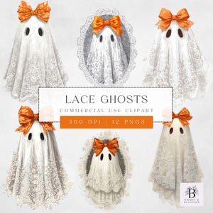 May include: Digital clipart featuring six white lace ghosts with orange bows. The ghosts have black oval eyes and are draped in delicate lace. The text "LACE GHOSTS" and "COMMERCIAL USE CLIPART" is included.