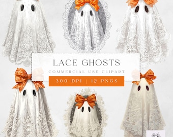 Lace Ghosts,  Cute Halloween PNG, Ghost with Bow Clipart, Watercolor Ghost Art, Coquette Design, For Commercial Use, 300dpi, Transparent