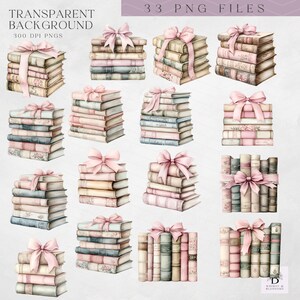 May include: 33 digital illustrations of stacks of vintage books with pink ribbons. The books are in various shades of blue, pink, and brown. The background is white.