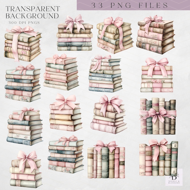 May include: 33 digital illustrations of stacks of vintage books with pink ribbons. The books are in various shades of blue, pink, and brown. The background is white.