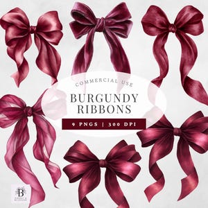 Könnte beinhalten: Neun bordeauxfarbene Schleifendesigns werden vor einem weißen Hintergrund gezeigt. Die Schleifen variieren im Stil, einige haben lange, fließende Enden. Das Bild enthält den Text "COMMERCIAL USE BURGUNDY RIBBONS 9 PNGS | 300 DPI".