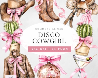 Disco Cowgirl Clipart, Pink Bow Cowgirl PNGs, Digital Download, for Bridal Shower or Birthday