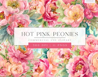 Hot Pink Peony Clipart,  Watercolor Floral Designs, Summer PNG Graphics, Digital Download, Botanical Art for Crafts, Commercial Use
