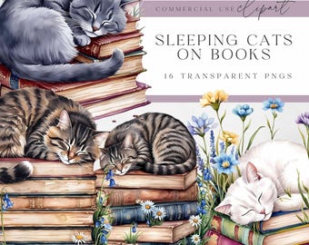 Sleeping Cat On Books Watercolor Clipart - Watercolor Illustrations for Cat Lovers - Digital Download - Commercial Use - for Scrapbooking