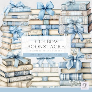 May include: A collection of vintage books in blue, cream, and beige, adorned with light blue bows. The image features the text "BLUE BOW BOOKSTACKS" and "COMMERCIAL USE CLIPART".