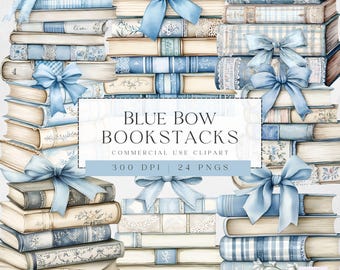 Books And Bows Clipart-  Book Lover Clipart - Blue Coquette Bow Book Stacks - Transparent PNG for Commercial Use - High Quality - Reading