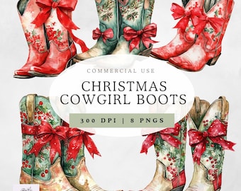 Christmas Cowgirl Boots Clipart- Christmas Clipart - High Quality - Instant Download - Christmas Western - Watercolor PNG - Transparent