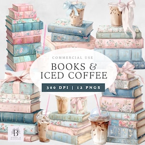 Pode incluir: Ilustração em aquarela com pilhas de livros vintage em cores pastel, adornados com desenhos florais e amarrados com fitas. Bebidas de café gelado com canudos e laços são colocadas em cima dos livros. O texto "BOOKS & ICED COFFEE" é visível.