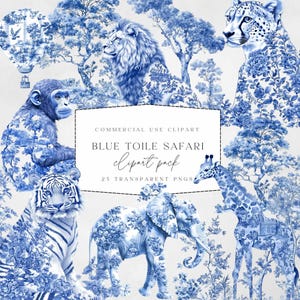 Blue Toile Safari Png -  Baby Shower Clipart, Chinoiserie Jungle Animals, Digital Download, Nursery Decor, Commercial Use - High Quality