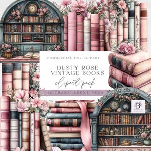 Libros antiguos en color rosa polvoriento - Imágenes prediseñadas de lomos de libros - Estantería de biblioteca - PNG transparente para uso comercial - Alta calidad - Wildflower Books