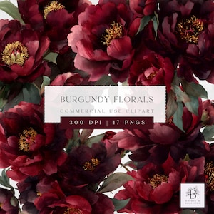 Burgundy Floral Clipart, Wedding Clipart, Watercolor Floral Designs, Burgundy Peonies, Digital Download, Commercial Use, Flower Clipart