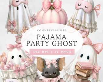 Coquette Ghost Halloween Clipart- Pajama Party - Sleepover PNGs, Digital Clip Art - Transparent PNG for Commercial Use