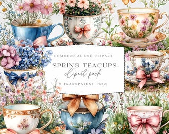 Spring Teacup Clipart, Wildflower Teacup PNGs, Floral and Bow Clipart, Spring Meadow Teacups, Easter PNGs, Commercial Use Clipart, 300DPI