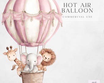 Clipart de animales con globos aerostáticos - Rosa - Animales de safari con globos - Diseños de imágenes adorables - Uso comercial - Descarga instantánea