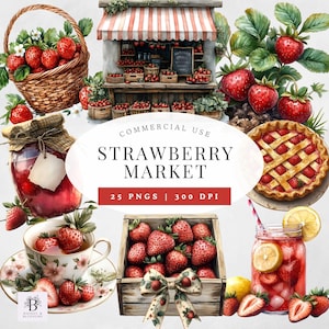 Puede incluir: Ilustración en acuarela de un mercado de fresas. Presenta una cesta, un puesto de mercado, un tarro de mermelada, una taza de té, una tarta y una caja de madera llena de fresas. El texto "Strawberry Market" está incluido.
