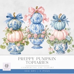 May include: Watercolor illustration of three stacked pumpkin topiary arrangements. Each features pumpkins in blue and pink hues, adorned with bows and floral arrangements. The pumpkins rest on blue and white porcelain vases. Text reads "Preppy Pumpkin Topiaries".