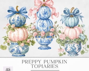 Preppy Pumpkin Topiary Clipart - Chinoiserie - Coquette Toile Pumpkin Stack - Cute Clipart Designs  - Commercial Use - Instant Download