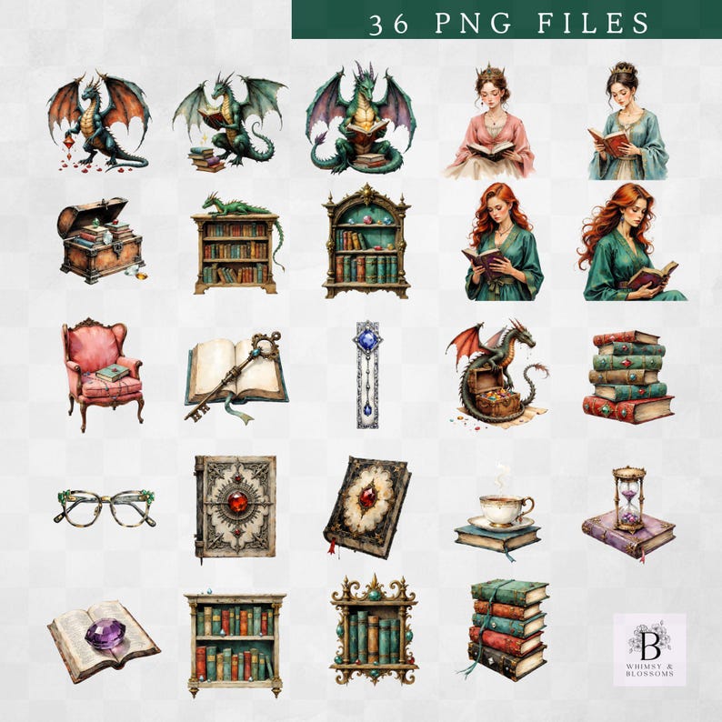 Dragonstone Library Clipart Set, Fantasy Dragon Book PNG, Magical ...