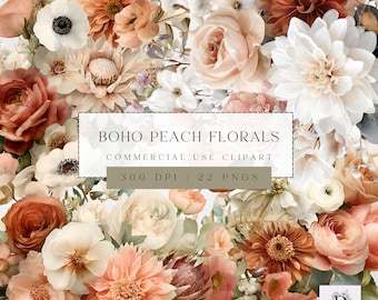 Boho Flower Bouquet Clipart, Wedding Clipart, Watercolor Floral Designs, Bohemian Florals, Digital Download, Commercial Use, Flower Clipart