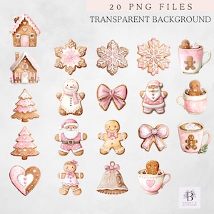Pu&ograve; includere: Una collezione di 20 file PNG con sfondo trasparente. L'immagine presenta illustrazioni ad acquerello di biscotti di pan di zenzero, tra cui case, fiocchi di neve, alberi di Natale, omini di pan di zenzero, fiocchi, Babbo Natale, campane e tazze. La tavolozza dei colori comprende rosa, marrone e bianco.