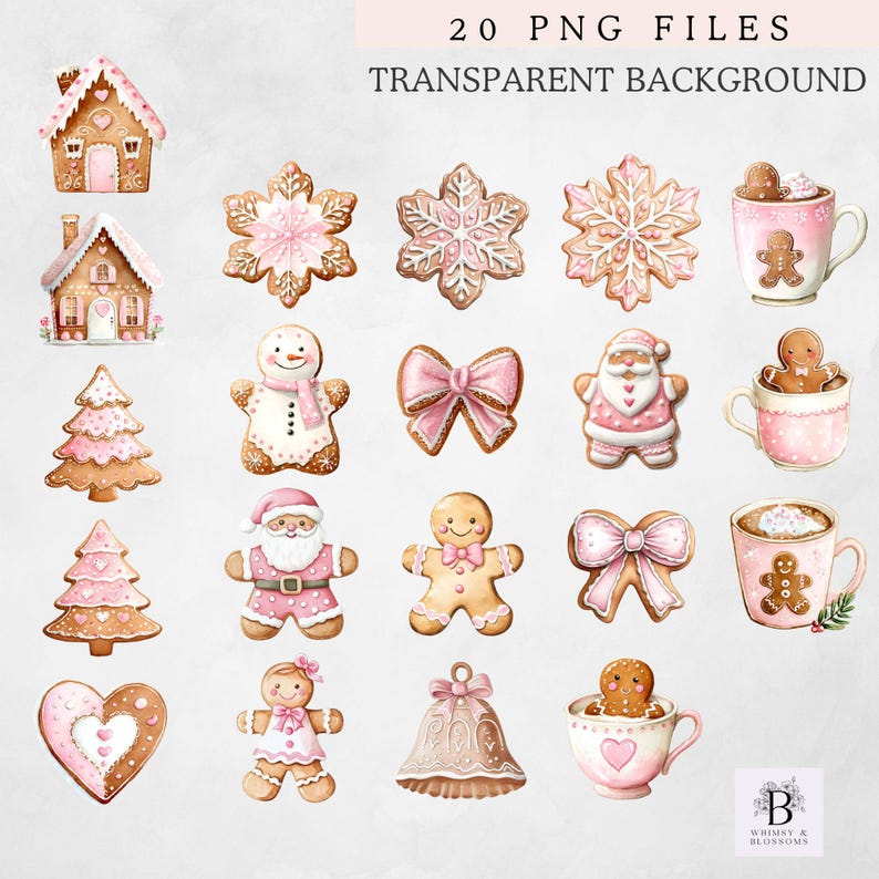 Pu&ograve; includere: Una collezione di 20 file PNG con sfondo trasparente. L'immagine presenta illustrazioni ad acquerello di biscotti di pan di zenzero, tra cui case, fiocchi di neve, alberi di Natale, omini di pan di zenzero, fiocchi, Babbo Natale, campane e tazze. La tavolozza dei colori comprende rosa, marrone e bianco.