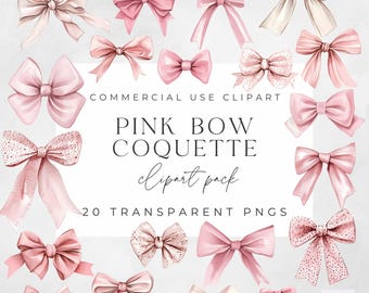 May include: A set of 20 digital clipart images of pink and cream bows. The bows are drawn in a watercolor style and are perfect for adding a touch of elegance to your designs.